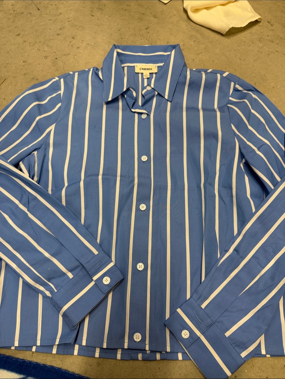 L'AGENCE Blue and White Vertical Stripe Dress Shirt